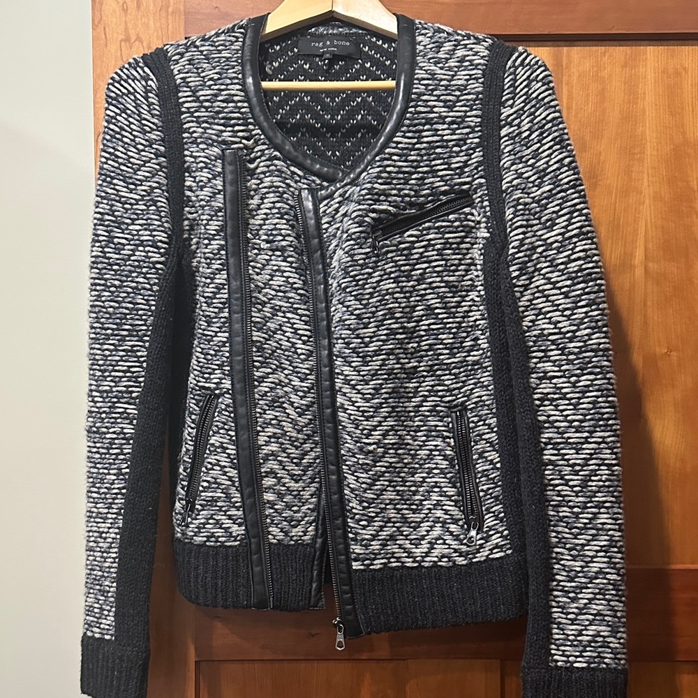 Rag & Bone Black and White Knit Moto Jacket with Leather Trim, Sz M